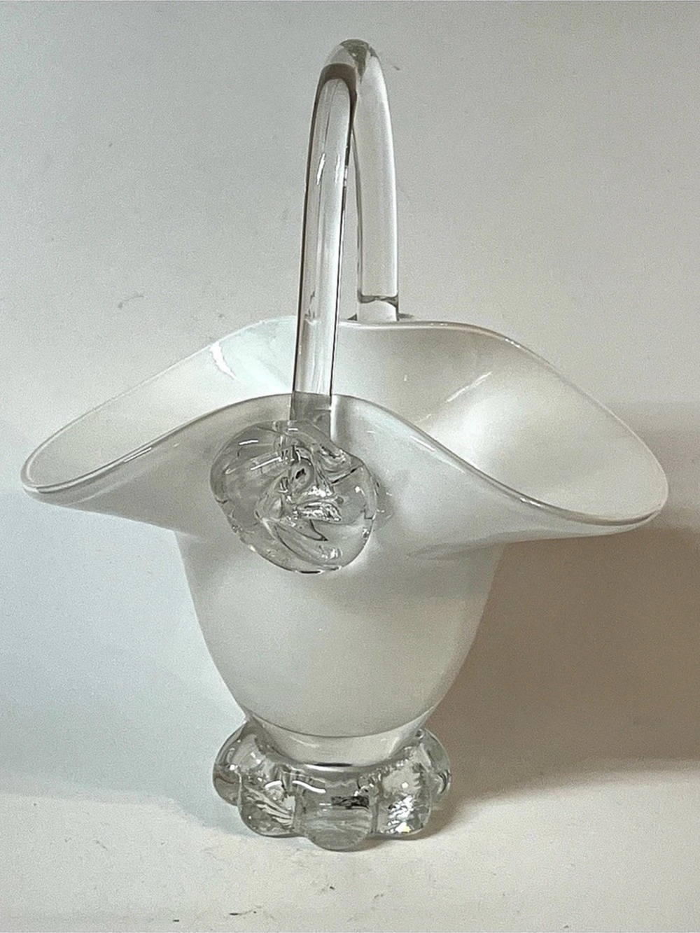 Vintage White Art Glass Footed Basket Bowl with Applied Handle Ruffled Rim 7 in